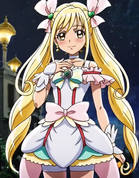 score_9, score_8_up, score_7_up,anime screencap,1girl,solo,cureecho, white choker, waist bow, choker, pink bow, smile, magical girl, hair ornament, ribbon, jewelry, skirt,wrist cuffs, hair ribbon, looking at viewer, dress, bike shorts under skirt, frills, brooch, heart,medium breasts,blush,<lora:cureecho:0.8>