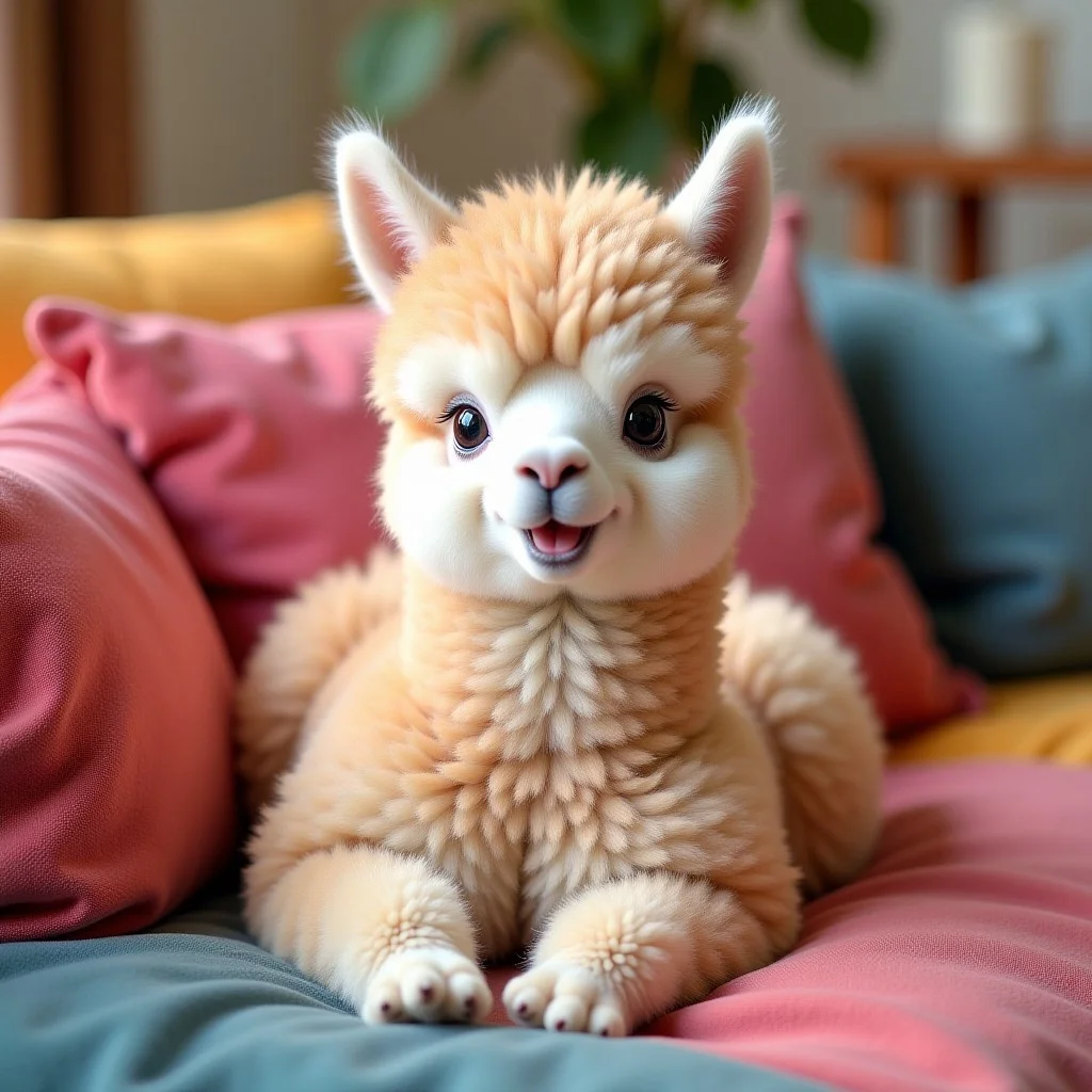 A very fluffy baby alpaca lying on a comfy colourful sofa, funny, humorous, super cute