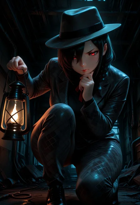 Smooth_Quality, HDR, (dark shadows), eerie, mysterious, 1girl, mature, suit, shiny black shoe, holding lamp, finger on own chin, on one knee, hair over one eye, patterned suit, unmoving pattern, fedora, single braid, medium hair, uneven eyes, closed mouth, thoughtful expression, (v-shaped eyebrows), indoors, abandoned factory, crime scene, (dark room), dynamic pose, <lora:Smooth_Booster:0.5> <lora:SLE_v2:1>βββ