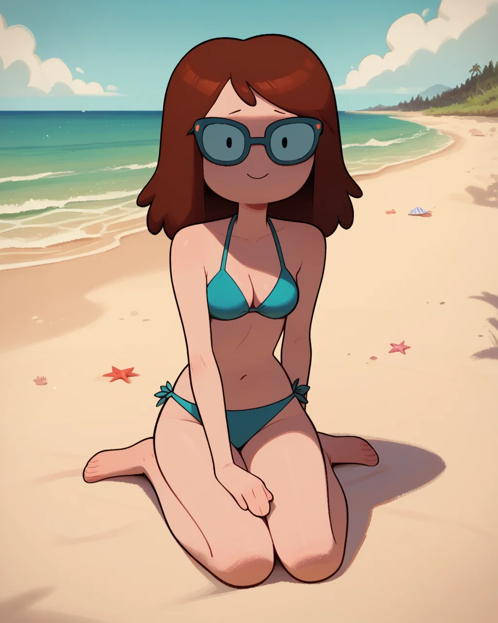 score_9, score_8_up, score_7_up, score_6_up, 1girl, solo, Betty, glasses, dot eyes, brown hair, bikini, seductive pose, shy, full body, smile, looking at viewer, detailed background, outdoors, beach, <lora:Betty_PDXL:1>