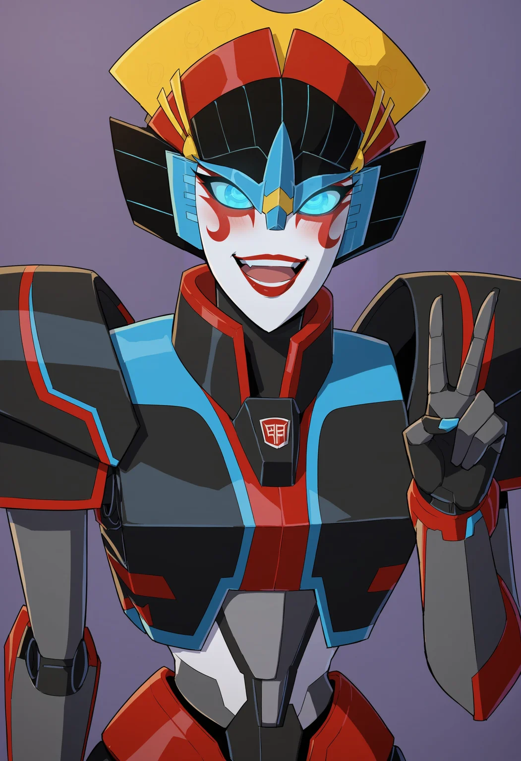 score_9, score_8_up, score_8, source_anime, 1girl, <lora:Windblade:0.85> solo, autobot, mecha, robot, red lips, blue eyes, glowing eyes, happy, laugh, blush, v sign,
purple background, simple background,