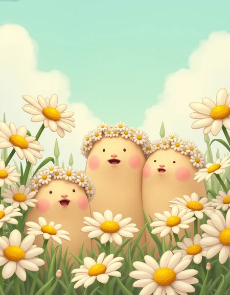 Goosebumps, singing daisies, in pastel colors. Goosebumps are depicted as little men dressed in flower crowns and singing daisies. Daisies should be soft and detailed, and goosebumps should be cute and charming. The style is pastel realism, with an emphasis on soft colors