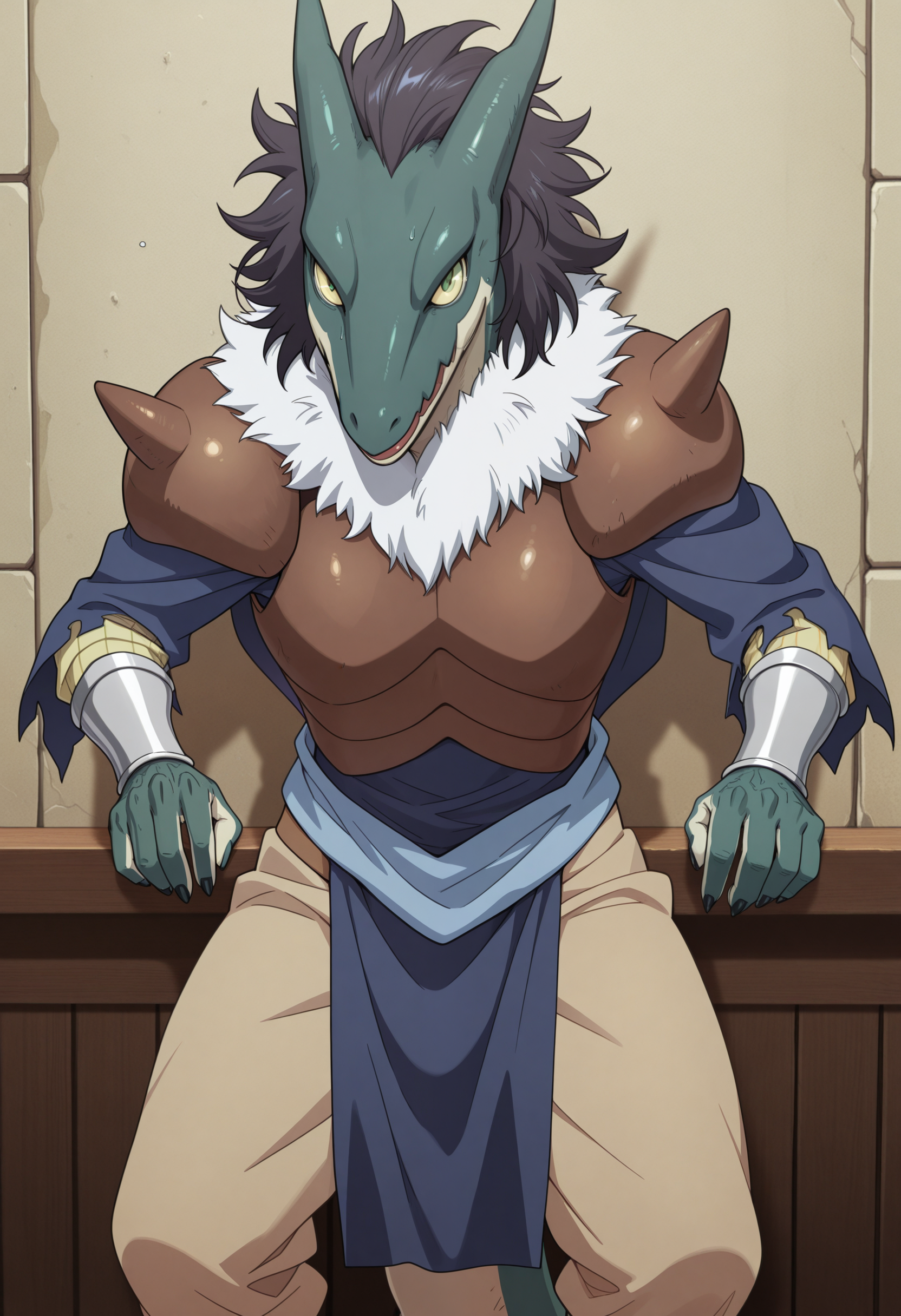 masterpiece, best quality, amazing quality, solo, 1boy, GabiruRs, armor, blue shirt, pants