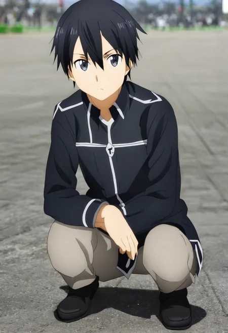 high resolution, solo, best quality, 1Boy, Kazuto Kirigaya, Black Hair, Black Eyes, lofi, candid, squat, depth of field, photo model, looking at viewer, OverallDetail