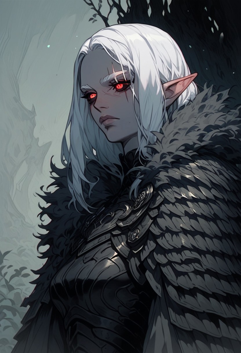 (score_9, score_8_up, score_7_up), source_anime, anime, female, elf, gray skin tone, white hair, red eyes, black sclera, refined, adult, straight, styled hair, calm expression, eye scar, adult, armor, fur cape, hands behind the back
