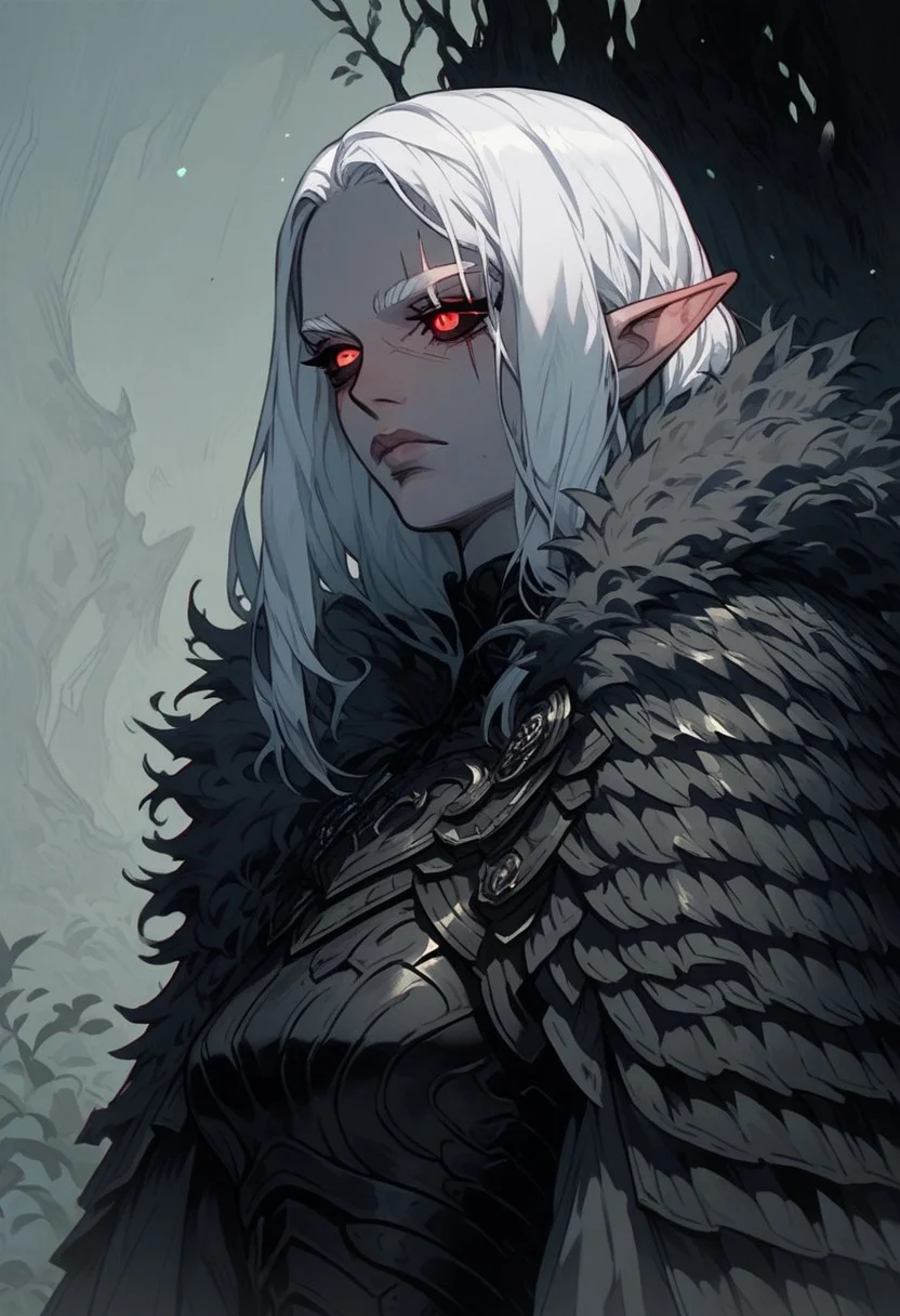 (score_9, score_8_up, score_7_up), source_anime, anime, female, elf, gray skin tone, white hair, red eyes, black sclera, refined, adult, straight, styled hair, calm expression, eye scar, adult, armor, fur cape, hands behind the back