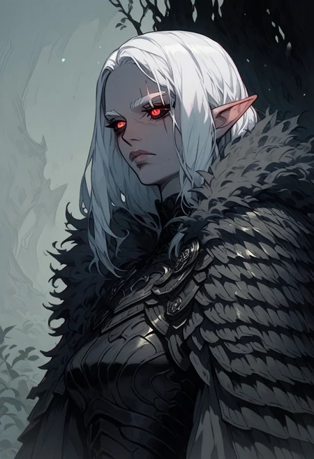 (score_9, score_8_up, score_7_up), source_anime, anime, female, elf, gray skin tone, white hair, red eyes, black sclera, refined, adult, straight, styled hair, calm expression, eye scar, adult, armor, fur cape, hands behind the back