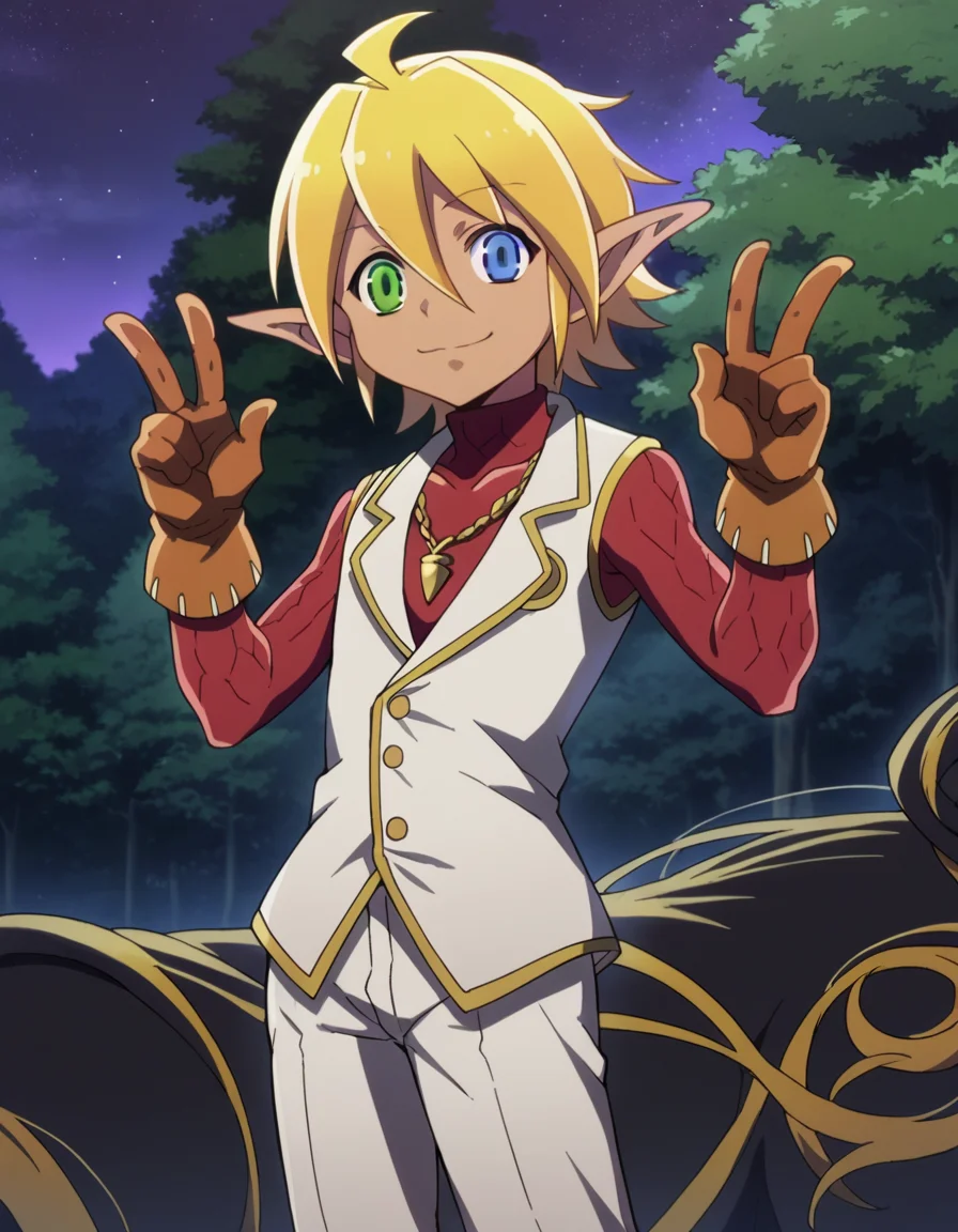 score_9, score_8_up, score_7_up, source_anime,
aurabellafiora, <lora:aura-bella-fiore-ponyxl-lora-nochekaiser:1>,
aura bella fiora, short hair, blue eyes, blonde hair, hair between eyes, green eyes, ahoge, pointy ears, dark skin, heterochromia, elf, dark elf, smile, peace sign,
gloves, jewelry, necklace, vest, white vest, pants, white pants,
outdoors, night, night sky, forest, nature,
looking at viewer,