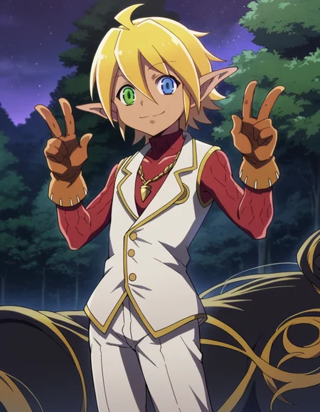 score_9, score_8_up, score_7_up, source_anime,
aurabellafiora, <lora:aura-bella-fiore-ponyxl-lora-nochekaiser:1>,
aura bella fiora, short hair, blue eyes, blonde hair, hair between eyes, green eyes, ahoge, pointy ears, dark skin, heterochromia, elf, dark elf, smile, peace sign,
gloves, jewelry, necklace, vest, white vest, pants, white pants,
outdoors, night, night sky, forest, nature,
looking at viewer,