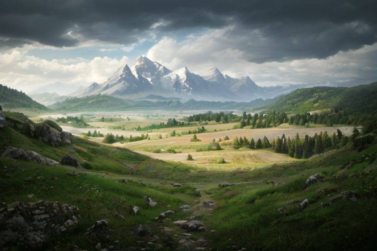 a photorealistic landscape with very close high mountains across the horizon, with lots of fields, woods and meadows stretching out before them and with a fortified town inside of them, ultra realistic, highly detailed, RAW photo, (masterpiece:1.3), subsurface scattering, heavy shadow, professional photography