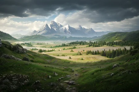 a photorealistic landscape with very close high mountains across the horizon, with lots of fields, woods and meadows stretching out before them and with a fortified town inside of them, ultra realistic, highly detailed, RAW photo, (masterpiece:1.3), subsurface scattering, heavy shadow, professional photography