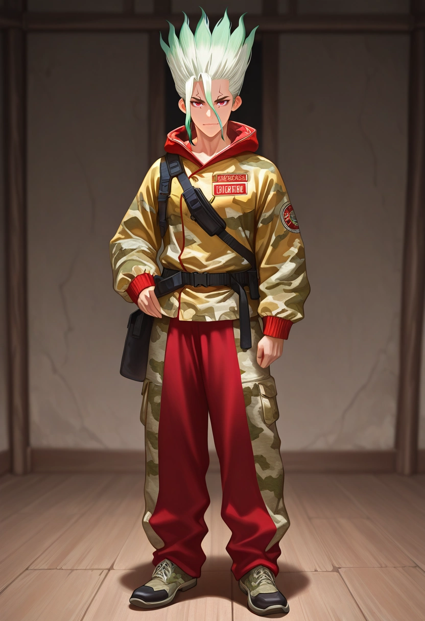 masterpiece, best quality, , semi-realistic, looking at viewer, 1boy, solo, male focus, <lora:senkuu_ishigami_ilxl:0.96>, senkuu_ishigami, green hair, red eyes, multicolored hair, two-tone hair, white hair, facial mark, , Damask CherryRed Camo joggers, Windbreaker, Monk strap shoes, , and