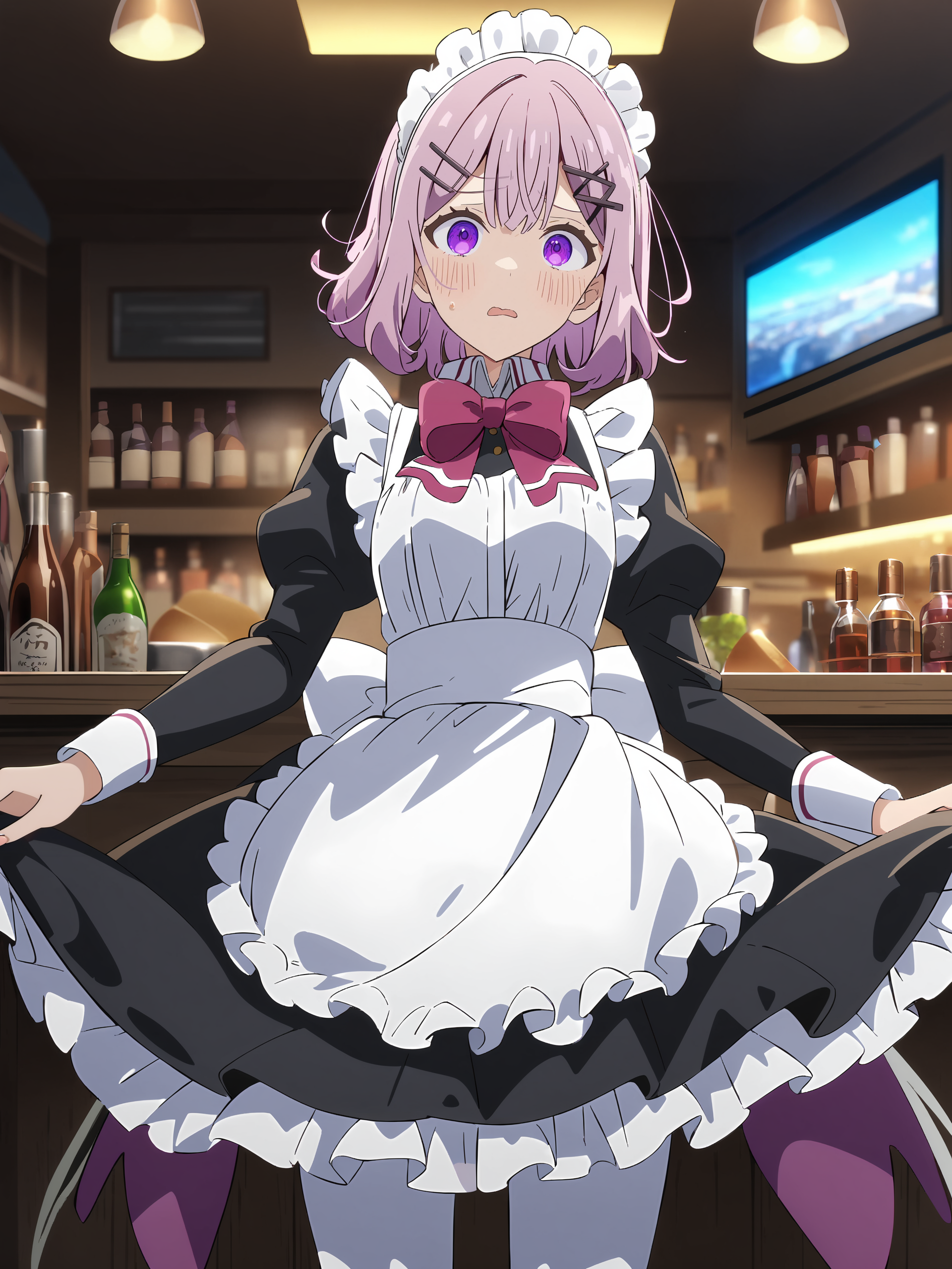 1girl, amaori renako, solo, purple eyes, hairclip, maid, maid headdress, maid apron, embarrassed, white pantyhose, open mouth, blush, parted lips, looking at viewer, cowboy shot, bar \(place\), indoors, depth of field <lora:Char-Amaori_Renako-V1-SDXL:0.9>, anime screenshot, incredibly absurdres, ultra detailed, masterpiece, best quality, perfect features, intricate details, ray tracing, very aesthetic, [<lora:XL-detailed_notrigger:0.95>::0.5], [:<lora:XL-aesthetic_anime:0.6>:0.3]