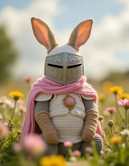 Create an image of a rabbit wearing ral-kntarmr made from soft crochet fabric in pastel pink and white, with tiny floral embellishments. The armor includes a delicate helmet and a chest plate, blending practicality with charm. The rabbit sits in a sunlit meadow surrounded by wildflowers
<lora:ral-kntarmr-flux:1>