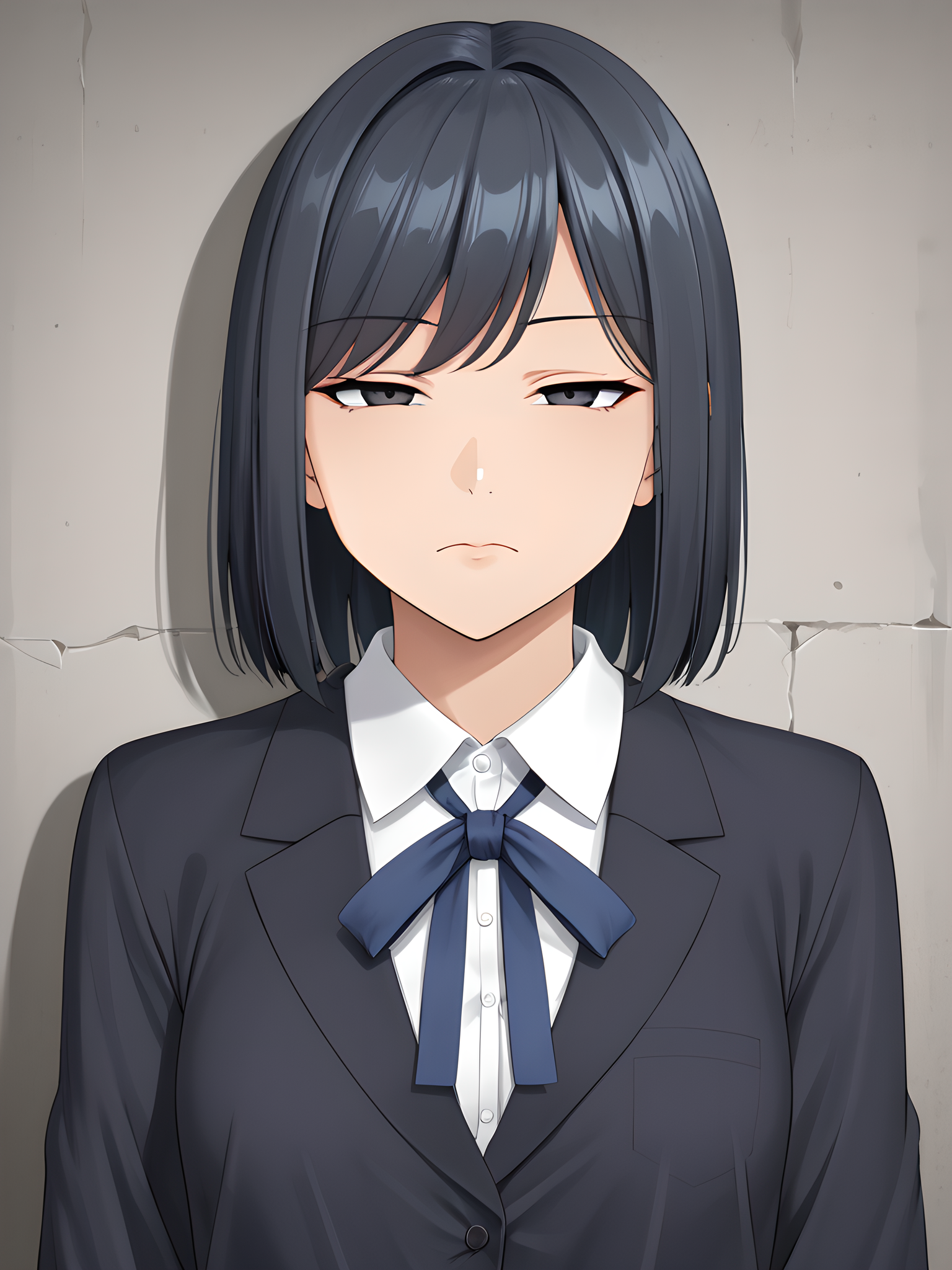 beautiful girl,japanese girl,solo,masterpiece,clearness,looking at viewer,high detail,high quality,ID photo style,no makeup,illustration,anime,flat color,
<lora:jitome:1>jitome,hosome,eye expression,half closed eyes,squinted eyes,narrowed eyes,narrow gaze,
Standing upright,
front view,from front,extra close up view,super close up,ultra zoom in,no headroom,tight crop, no empty space,face only shot, detailed face,head shot,detail shot,fill the screen,
Composition that fills the screen,studio lighting,reflection in the eye,closed mouth,single eyelid,no eyelid crease,without eyelid crease,frown,
beautiful eyes,dark brown eyes,pupil,iris,beautiful rips,black hair,baby face,medium hair,swept bangs,Girlish, cute, attractive,natural makeup,round face,dark eye,
beautiful skin,shiny skin,shiny eyes,glossy skin,healthy skin,
wearing clothes,(collared shirt),(white shirt),thin ribbon tie,dark blue ribbon tie, long sleeves,dressed,
simple background,stand behind a wall,parallel to the wall,parallel to camera,plain gray wall,