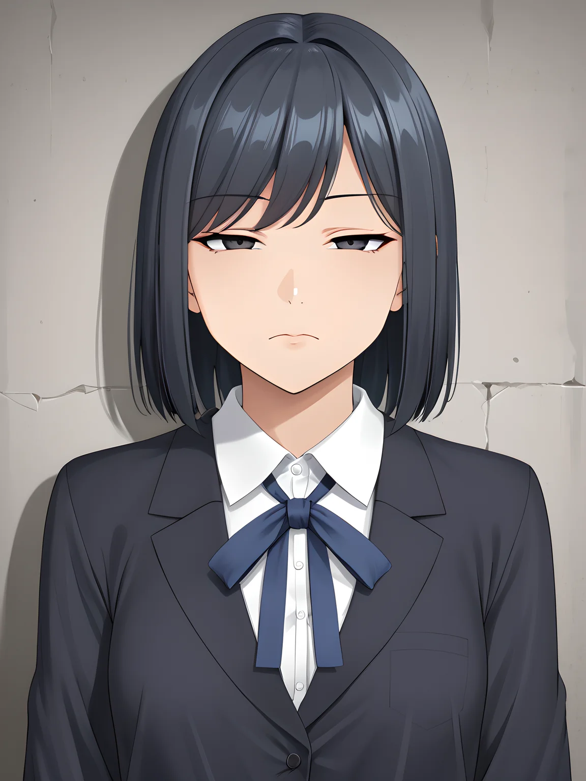 beautiful girl,japanese girl,solo,masterpiece,clearness,looking at viewer,high detail,high quality,ID photo style,no makeup,illustration,anime,flat color,
<lora:jitome:1>jitome,hosome,eye expression,half closed eyes,squinted eyes,narrowed eyes,narrow gaze,
Standing upright,
front view,from front,extra close up view,super close up,ultra zoom in,no headroom,tight crop, no empty space,face only shot, detailed face,head shot,detail shot,fill the screen,
Composition that fills the screen,studio lighting,reflection in the eye,closed mouth,single eyelid,no eyelid crease,without eyelid crease,frown,
beautiful eyes,dark brown eyes,pupil,iris,beautiful rips,black hair,baby face,medium hair,swept bangs,Girlish, cute, attractive,natural makeup,round face,dark eye,
beautiful skin,shiny skin,shiny eyes,glossy skin,healthy skin,
wearing clothes,(collared shirt),(white shirt),thin ribbon tie,dark blue ribbon tie, long sleeves,dressed,
simple background,stand behind a wall,parallel to the wall,parallel to camera,plain gray wall,