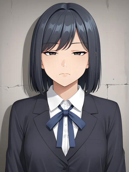 beautiful girl,japanese girl,solo,masterpiece,clearness,looking at viewer,high detail,high quality,ID photo style,no makeup,illustration,anime,flat color,
<lora:jitome:1>jitome,hosome,eye expression,half closed eyes,squinted eyes,narrowed eyes,narrow gaze,
Standing upright,
front view,from front,extra close up view,super close up,ultra zoom in,no headroom,tight crop, no empty space,face only shot, detailed face,head shot,detail shot,fill the screen,
Composition that fills the screen,studio lighting,reflection in the eye,closed mouth,single eyelid,no eyelid crease,without eyelid crease,frown,
beautiful eyes,dark brown eyes,pupil,iris,beautiful rips,black hair,baby face,medium hair,swept bangs,Girlish, cute, attractive,natural makeup,round face,dark eye,
beautiful skin,shiny skin,shiny eyes,glossy skin,healthy skin,
wearing clothes,(collared shirt),(white shirt),thin ribbon tie,dark blue ribbon tie, long sleeves,dressed,
simple background,stand behind a wall,parallel to the wall,parallel to camera,plain gray wall,