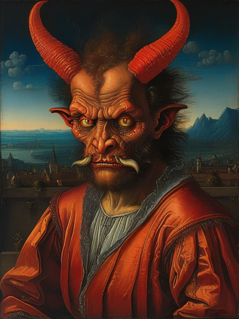 masterpiece,best quality,oil painting,fire,<lora:tbh107-sdxl-dim64:0.85>,style of Albrecht Altdorfer,portrait of a demon,(((demon))),