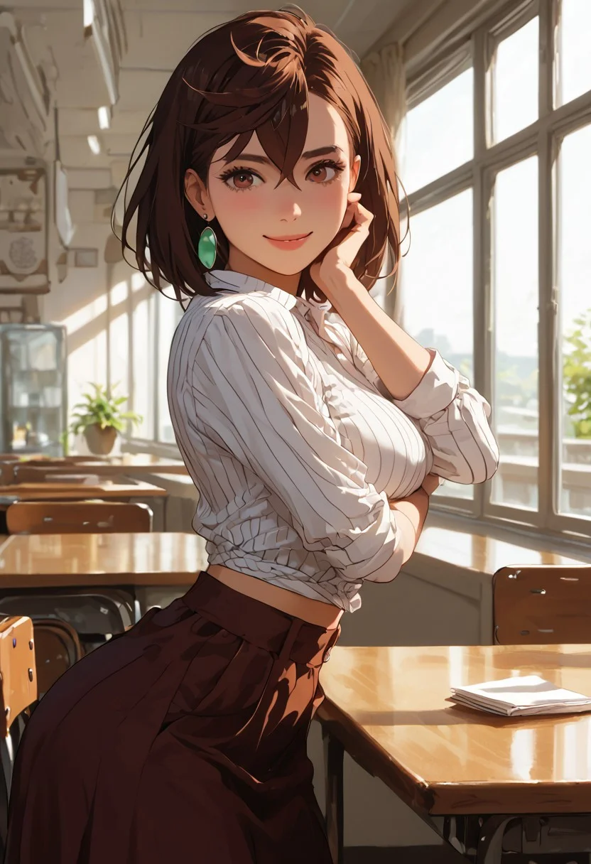 masterpiece,best quality, highly detailed, score_9, score_8_up, score_7_up, score_6_up, hyperrealistic,
BREAK
1girl, (((Momo Ayase, brown hair, medium hair, brown eyes, slender, full breasts, thick thighs, sexy, adult, ))), (((sexy pose, closeup, focus on face, waist up photo, portrait)),
, (((striped shirt, tied in front, midriff, long skirt, , view from waist up, view from side, looking at viewer,,flirty smile)))
(((Standing, shy pose, by table, , cute, cafe ))),, coffee shop, morning, by window, (((sexy setting,view from side, sunlight on body romantic, hidden))); , , vibrant colors, soft focus, textured surfaces, depth of field, dim, rich details,,background, (((solo)))