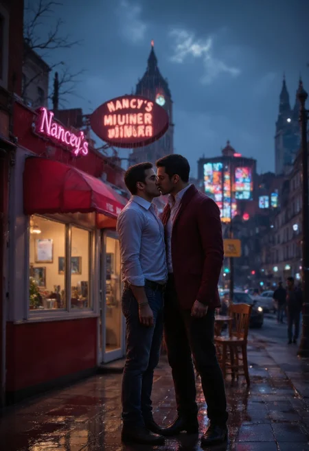 A hyper realistic photograph of outside an American diner restaurant with pink trimming on the edges and called "Nancy's". It's night time and dimly lit by the signs of the diner, rain is trickling in as the dark clouds of a thunderstorm covers the sky. Two men are romantically kissing outside in the rain, aidmafluxproultra