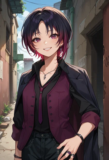 score_9, score_8_up, source_anime, 1girl, solo, RenDefault, multicolored hair, short hair, parted bangs, earrings, necklace, black shirt, collared shirt, purple necktie, purple vest, black jacket, jacket on shoulders, bracelet, black pants, outdoors, alley, leaning, smile, <lora:ChamKisaragiRenPonyXL:1>