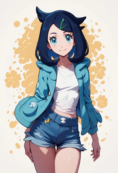 score_9, score_8_up, score_8, medium breasts, (curvy), cute, eyelashes,
rating safe,
BREAK,
liko \(pokemon\), blue hair, hair clip, white shirt, hooded jacket, open jacket, denim shorts,
BREAK,
smile, looking at viewer,
abstract background,
zPDXL, Expressiveh