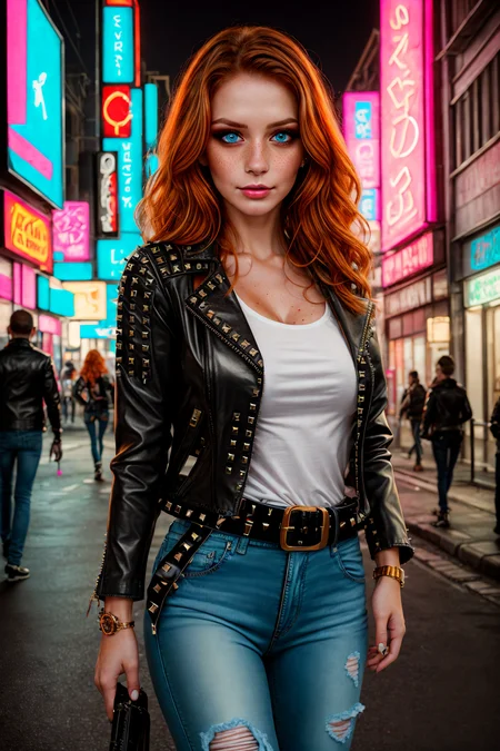 comic style, professional, 4k, highly detailed, outline, Sketch, ((masterpiece)), UHD, HDR, best quality, beautiful woman, pretty eyes, cute, (medium shot),
long ginger hair, blue eyes, freckles, busty body, pale skin, cyberpunk city background, night time, cyan and magenta neon lights, ((cyberpunk street clothes, black leather jacket, plain shirt, ripped jeans, rivets, belt with glowing buckle, makeup))),
<lora:add_detail:0.7>
<lora:EnhancedDetail:0.7>
<lora:Gingerella:0.7>