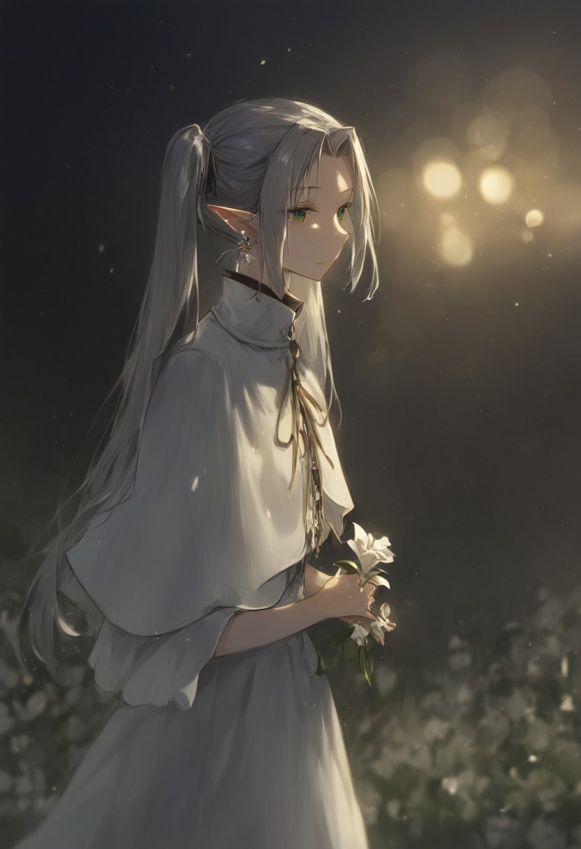 dino (dinoartforame),frieren, sousou no frieren, 1girl, blurry, bokeh, capelet, closed mouth, cowboy shot, dangle earrings, depth of field, dress, earrings, expressionless, flower, forehead, from side, green eyes, grey hair, holding, holding flower, jewelry, long hair, looking down, night, outdoors, own hands together, parted bangs, pointy ears, sidelocks, solo, teardrop earrings, twintails, white capelet, white dress, white flower