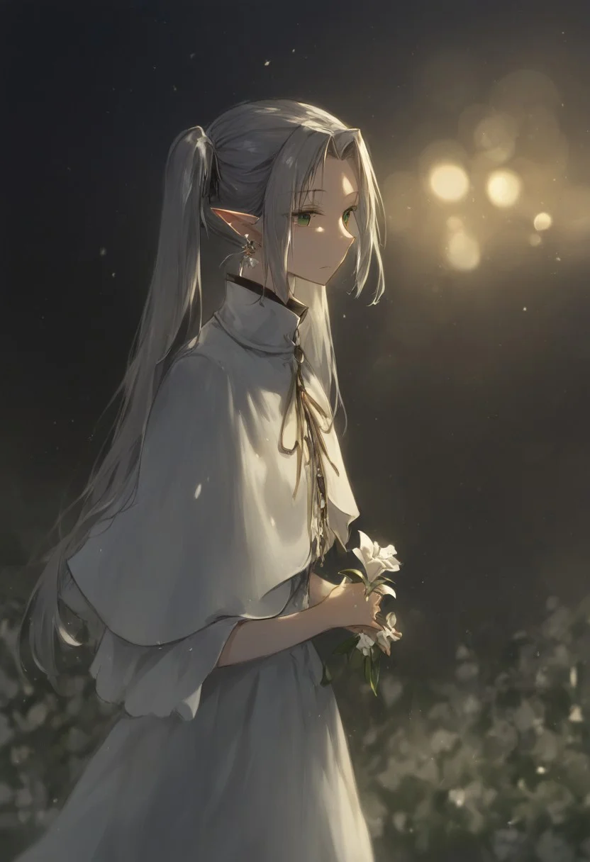 dino (dinoartforame),frieren, sousou no frieren, 1girl, blurry, bokeh, capelet, closed mouth, cowboy shot, dangle earrings, depth of field, dress, earrings, expressionless, flower, forehead, from side, green eyes, grey hair, holding, holding flower, jewelry, long hair, looking down, night, outdoors, own hands together, parted bangs, pointy ears, sidelocks, solo, teardrop earrings, twintails, white capelet, white dress, white flower