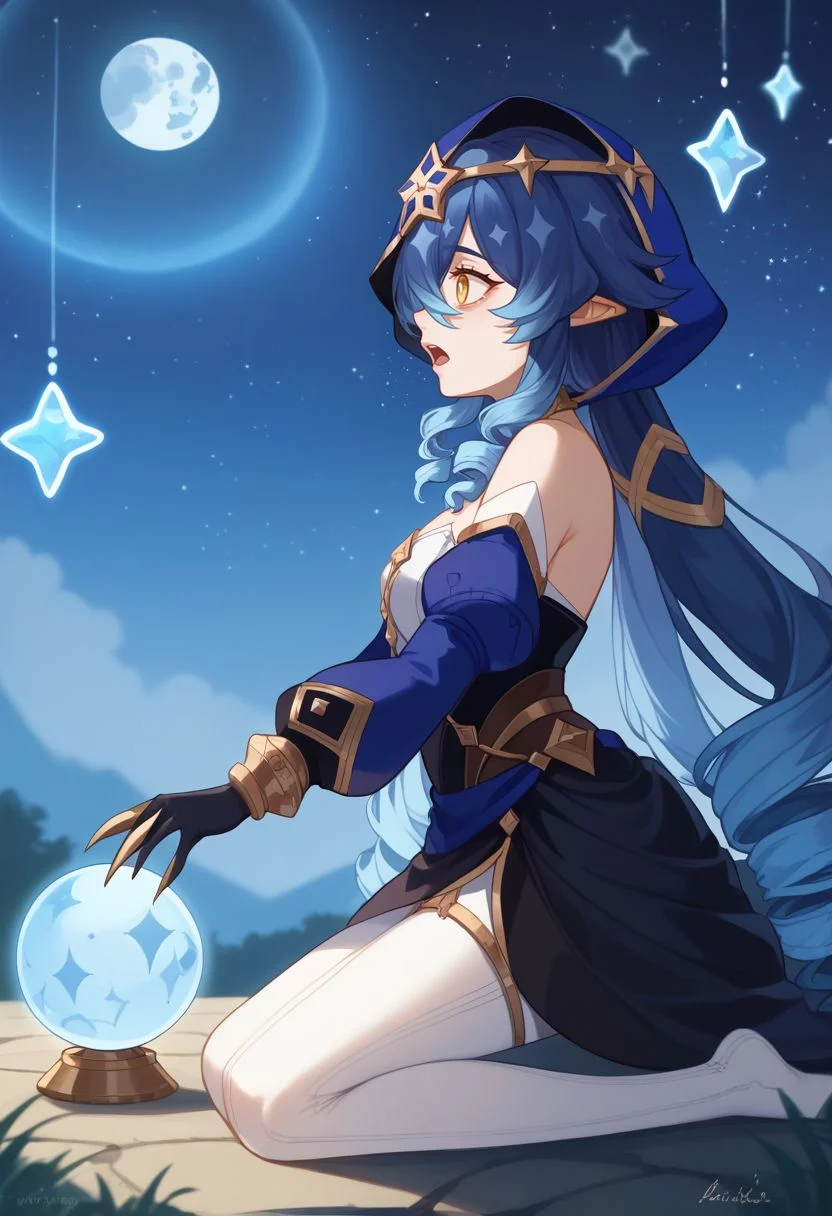score_9, score_8_up, score_7_up, source_anime, 1girl, layladef, blue hair, yellow eyes, drill hair, hair between eyes, drill sidelocks, twin drills, pointy ears, blue hood, jewelry, neck ring, bare shoulders, detached sleeves, juliet sleeves, puffy long sleeves, claw ring, black gloves, white pantyhose, bags under eyes, thighlet, surprised, open mouth, exhausted, wariza, kneeling, looking up, outdoors, starry sky, moon, night, orb, from side, close-up, <lora:Layla_v1-000010:1>