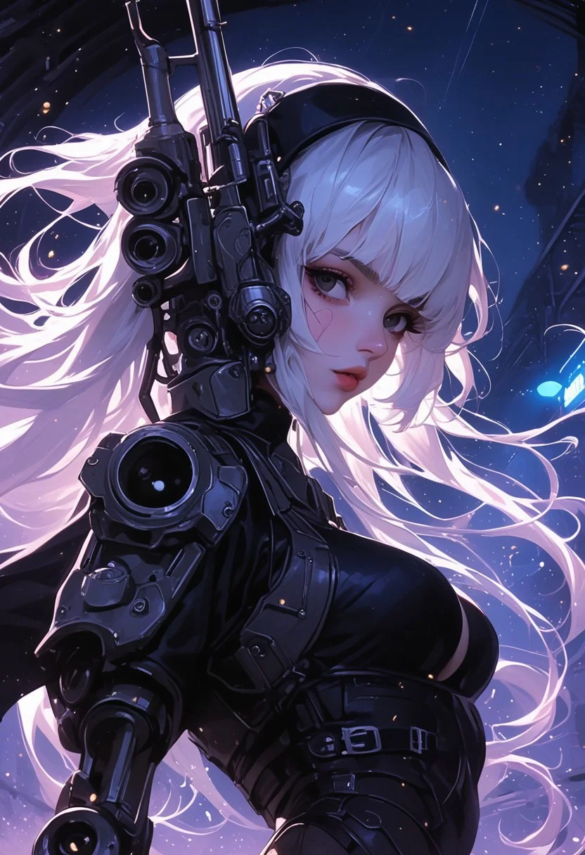 (score_9, score_8_up), score_7_up, long hair, looking at side, eyes focused on viewer, 1girl, standing, full black eyes, female focus, very close-up on face, portrait, intricate details, white hair with fringe, outdoors, neon lit tunnel background, night, dynamic pose, military outfit, giant massive gun, weapon, no breasts, cyborg, armor, cyberpunk, robot joints, complex details, mechanical girl, very detailed eyes, deep black eyes, totaly black eyes, water reflections , volumetric light, dust, particles, rim light, diffusion lights, octane rendering