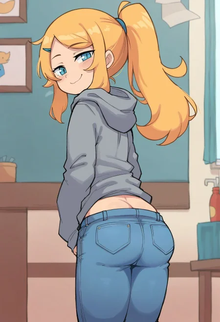 score_9, score_8_up, score_7_up,
1girl, solo, long hair, looking at viewer, smile, hair ornament, long sleeves, closed mouth, blue eyes, standing, ponytail, ass, hairclip, looking back, indoors, hood, clothes lift, from behind, blond hair, hoodie, hood down, smug, grey hoodie, jeans,
<lora:gnsisir style v1-000007:0.7>, gns1s1r,