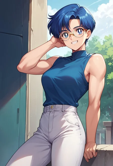 (masterpiece), best quality, a 19 year old girl with (long blue capri hair) and blue eyes, she wears a navy blue sleeveless shirt, white pants and glasses, she has a little muscle, smiling, score_9, score_8_up, score_7_up, source_anime, score_9, score_8_up, score_7_up, sm90s