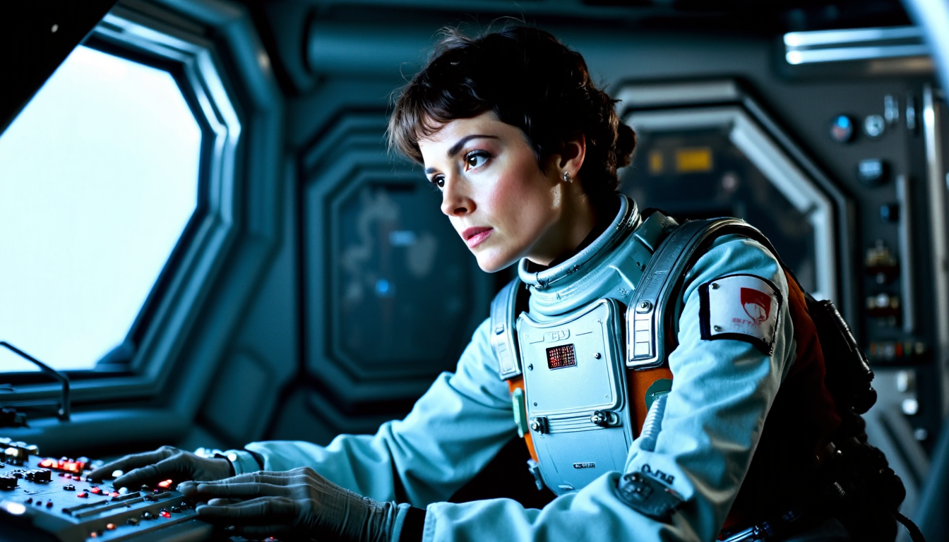 nostromo style,
woman wearing retro futuristic spacesuit, armor, spaceship interior, cockpit, window, control panels, buttons, switches, greebles, textured wall, wall pads, science fiction, horror,

extremely detailed:1.2, sharp:1.2, bold outlines,

sharp focus, detailed face, clear eyes, Detailed perfect hand