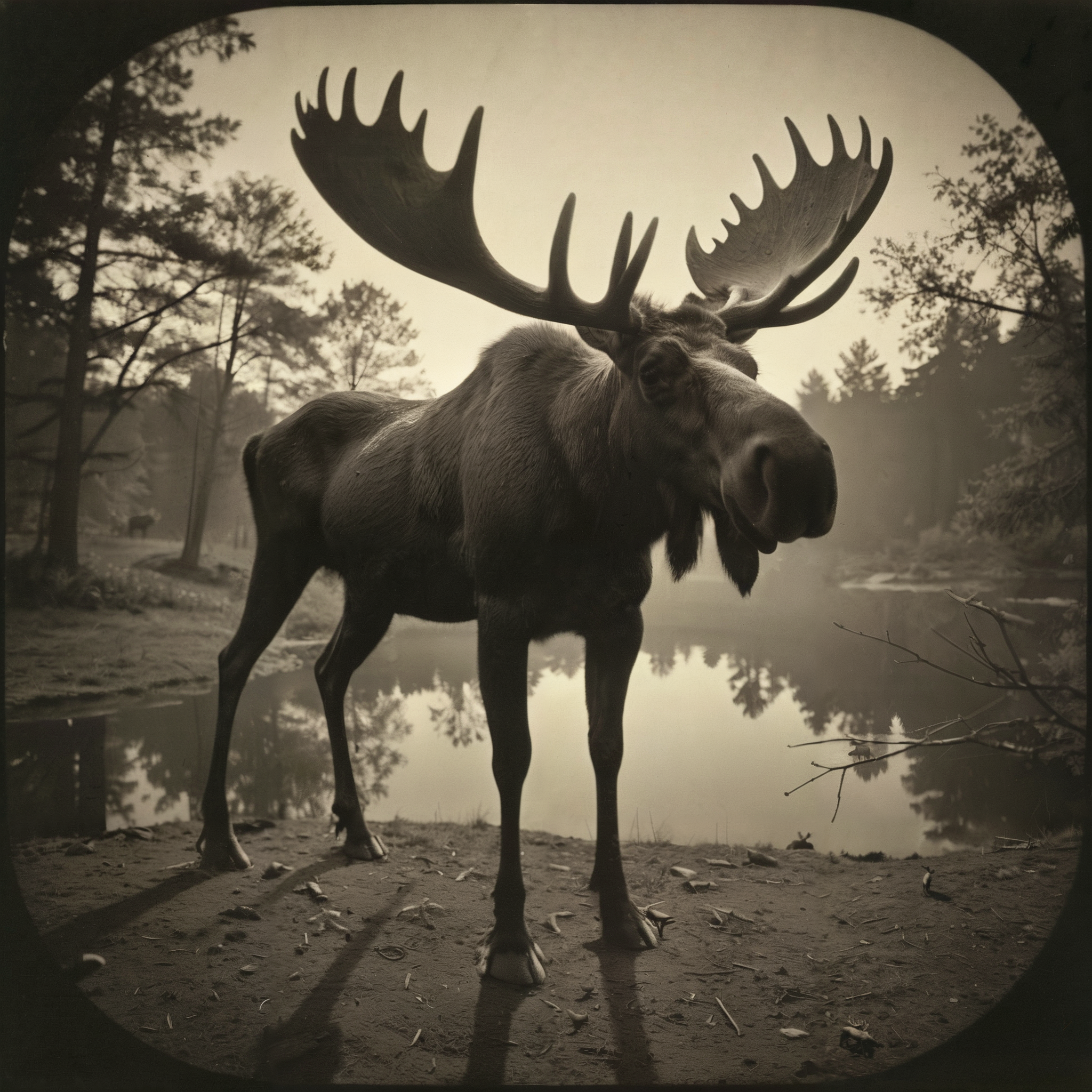 award winning photo, 

The contrast between night and day, light and dark, moose and (something else), caught on a ancientpinhole camera, revealing an unusual photograph, displayed at the world's fair