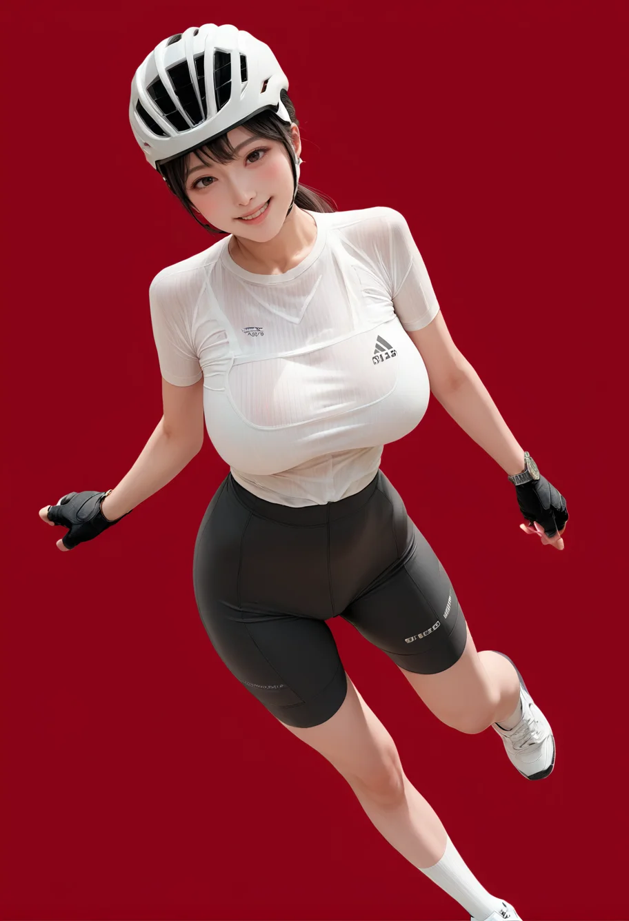 1girl,red background,,ruanyi1015,bike shorts,fingerless gloves,black shorts,helmet,white shirt,wristwatch,white socks,sneakers,<lora:1015 Cycling clothes_v1_pony:1>, score_9, score_8_up, score_7_up, score_6_up, score_9, score_8_up, score_7_up, score_6_up source_anime, blush, 1girl, seduce smile, perfect body , natural huge breasts