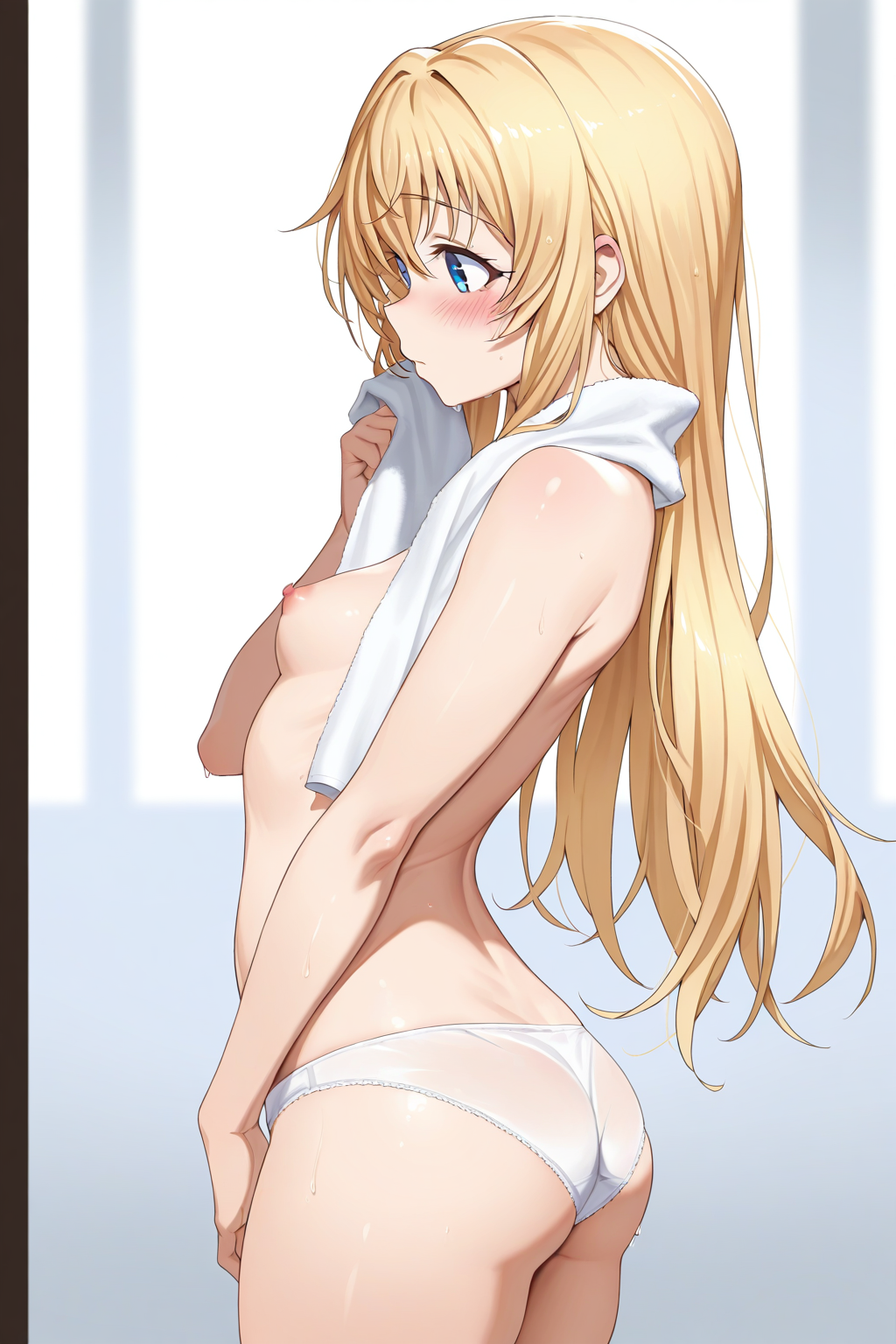 priestess \(goblin slayer!\), 1girl, ass, blonde hair, blue eyes, blush, breasts, cowboy shot, from side, long hair, nipples, panties, small breasts, solo, thighs, topless female, towel, towel around neck, underwear, white panties, masterpiece, best quality, absurdres, amazing quality