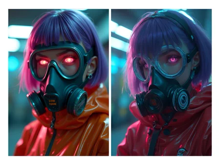 1girl, solo, hazmat suit, ppe, toxic waste, brain glow, gas mask , quasarcake, protective visor, purple hair, Colored eyelashes, latex gloves, glowing eyes, bob haircut (high quality, detailed, beautiful), shiny, detailed beautiful eyes, sunlight, realistic, outstanding, countershading, detailed soft lighting, cinematic vintage photography, , wide angle shot