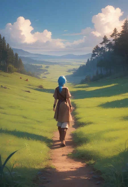 score_9, score_8_up, score_8, masterpiece, 2.5d, beautiful quality, smooth lines, clear lines, sharpness, lots of details, KDI, bright colors, contrasting colors,
Person "1girl, blue hair, blue eyes"
Outfit "brown tunic"
Parameters "bare belly"
World "Fantasy landscape, field, forest, clouds, grass, dirt on the grass, moss, dew, leaves"