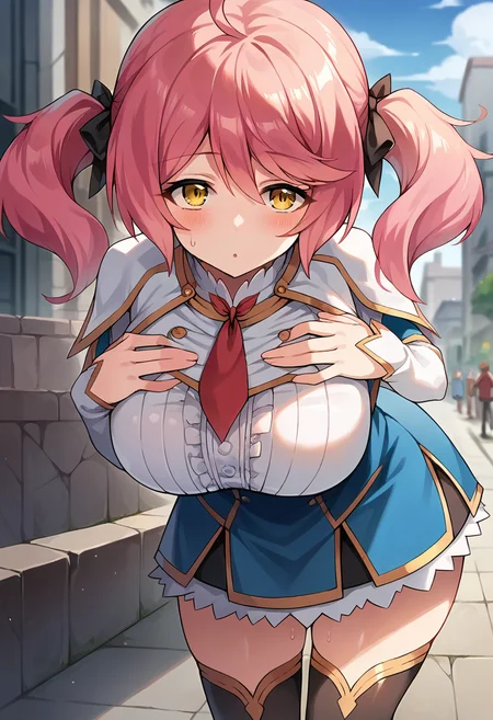score_9, score_8_up, score_7_up, source_anime, masterpiece, 1girl, ctianph1l, pink hair, yellow eyes, white capelet, large breasts, underbust, blue skirt, frilled skirt, center frills, black thighhighs, red necktie, leaning forward, hand on chest, sweat, shiny skin, smell, outdoors, city, sunny, day, depth of field, looking at viewer, <lora:Philuffy_Aingram_pony_ct:1>