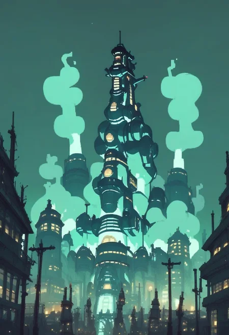 score_9, score_8_up, score_7_up, ShinRa headquarters in Midgar, ShinRa tower, Midgar divided into 8 sections, spotlights, smoke, fog, smog, city, night,