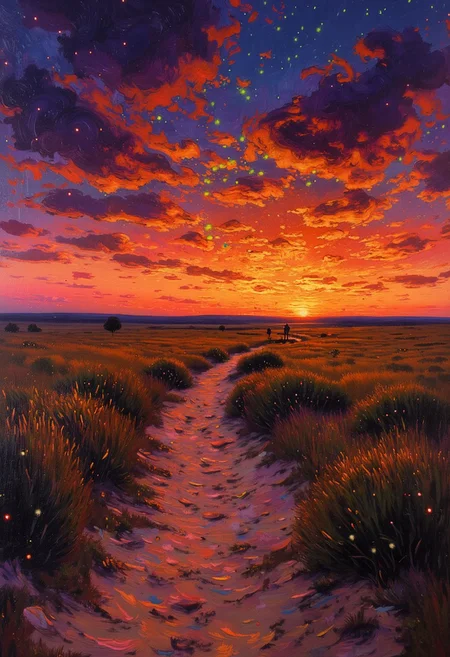 oil painting,OByouhua,
A dramatic oil painting of a vast, arid plain, stretching towards a dramatic, blood-orange sunset. On the left of a path is a field of wheat glistening in the sunset. A small swarm of fireflies rises from this field like tiny, green stars. The colors are intense, conveying a sense of isolation and vastness. The brushstrokes are bold and sweeping, capturing the endless expanse of the desert and the harsh beauty of the landscape.