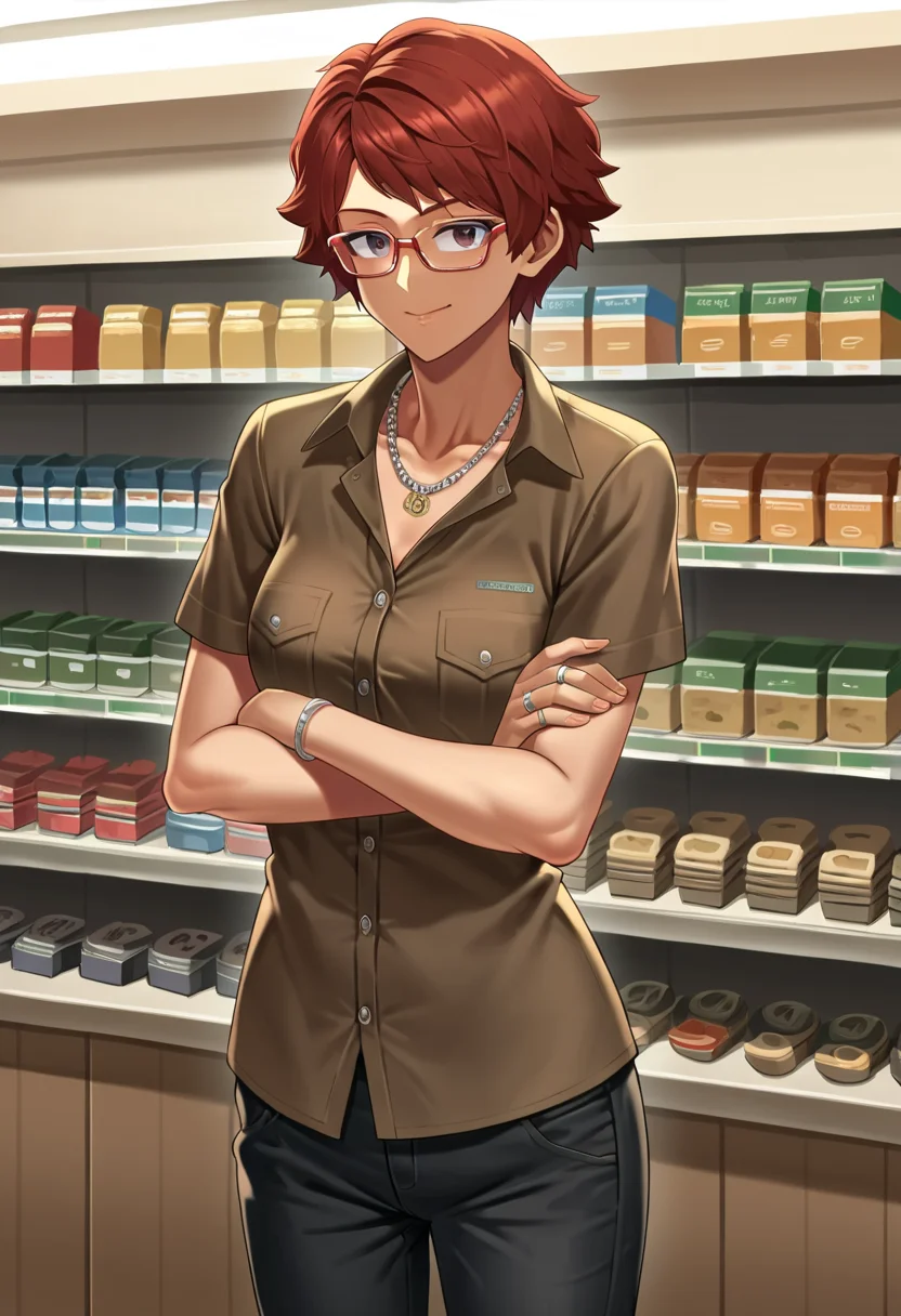 1girl,gtavclerk,<lora:GTAVClerkPony:0.8>,short hair,afro,(solo:1.2),red hair,glasses,shirt,short sleeves,pants,standing,indoors,in jewelry store,straight on,jewelry,necklace,ring,happy,:d,crossed arms,concrete,baroque architecture, PonyXLV6_Scores