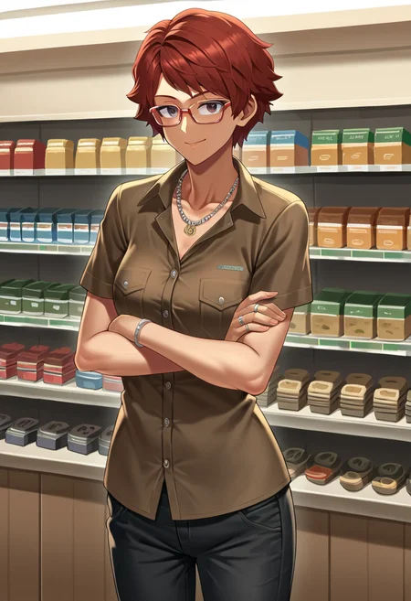 1girl,gtavclerk,<lora:GTAVClerkPony:0.8>,short hair,afro,(solo:1.2),red hair,glasses,shirt,short sleeves,pants,standing,indoors,in jewelry store,straight on,jewelry,necklace,ring,happy,:d,crossed arms,concrete,baroque architecture, PonyXLV6_Scores