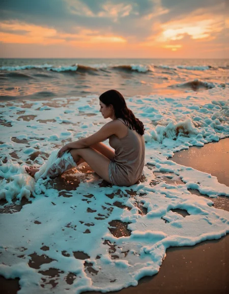 By Ibai Acevedo. A photo-realistic shoot from the side about a serene scene of a woman sitting on the beach at sunset, partially submerged in the ocean waves. the image also shows a woman with long, dark hair, sitting in the middle of the image, facing away from the camera, with her back to the viewer. she appears to be a young adult, with a slim body and long, flowing hair. she is wearing a sleeveless top that is partially submerged, and her hands are resting on the foam in front of her. the woman is sitting on a sandy beach, with the ocean in the background, which is slightly blurred due to the warm, orange and blue hues of the sunset. the atmosphere is peaceful and serene, with gentle waves crashing onto the shore, creating a sense of calmness and tranquility. the lighting is soft and warm, casting gentle shadows on the woman's face and body.