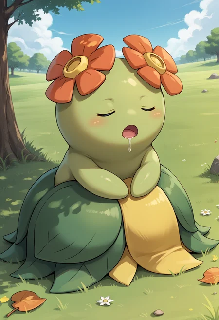 score_9, score_7_up, source_anime, closed eyes, sitting, open mouth, sleeping, mouth drool, <lora:BellossomPKMN-pdxl:1> b3ll, pokemon \(creature\), no humans, green skin, hair flower, leaf skirt, barefoot, grass, sky, tree
