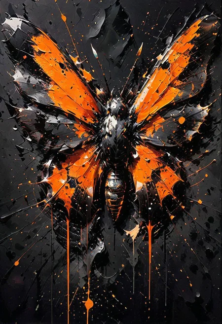 dynamink moth metallic orange ink on a solid black background, expressive, <lora:dynamink:1>,
