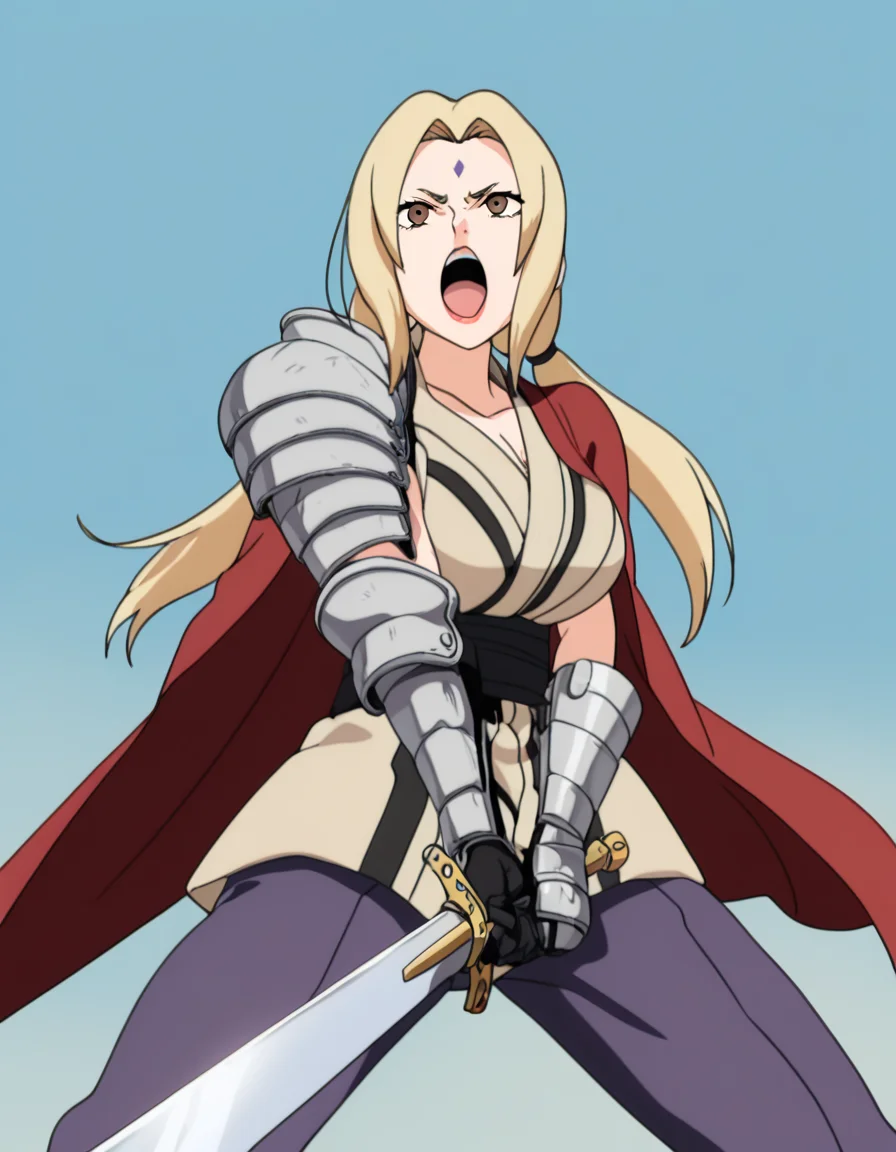 masterpiece, best quality, newest, absurdres, highres, safe,, <lora:tsunade-s2-ponyxl-lora-nochekaiser:1>, tsunade, blonde hair, yellow hair, facial mark, forehead mark, long hair, makeup, mature female, brown eyes, parted bangs, twintails, low twintails, large breasts, anime screencap, <lora:sunrise-stance-illustriousxl-lora-nochekaiser:1>, sunrise stance, weapon, sword, solo, open mouth, holding weapon, holding, holding sword, <lora:knight-ponyxl-lora-nochekaiser:1>, knight, armor, cape, shoulder armor, gauntlets, helmet, pauldrons, red cape,, ,