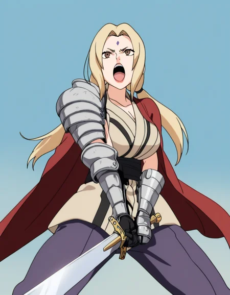 masterpiece, best quality, newest, absurdres, highres, safe,, <lora:tsunade-s2-ponyxl-lora-nochekaiser:1>, tsunade, blonde hair, yellow hair, facial mark, forehead mark, long hair, makeup, mature female, brown eyes, parted bangs, twintails, low twintails, large breasts, anime screencap, <lora:sunrise-stance-illustriousxl-lora-nochekaiser:1>, sunrise stance, weapon, sword, solo, open mouth, holding weapon, holding, holding sword, <lora:knight-ponyxl-lora-nochekaiser:1>, knight, armor, cape, shoulder armor, gauntlets, helmet, pauldrons, red cape,, ,