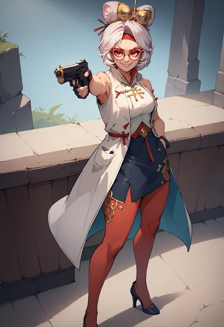score_9, score_8_up, score_7_up, holding weapon, holding gun, handgun, hand in pocket, aiming, <lora:YusufDikecGunPose_pdxl_Incrs_v1:1>, 1girl, <lora:purah-pdxl-nvwls-v1:0.8> purah, hair ornament, red headband, red glasses, sleeveless shirt, white coat, black skirt, red leggings, gloves, high heels, smirk,